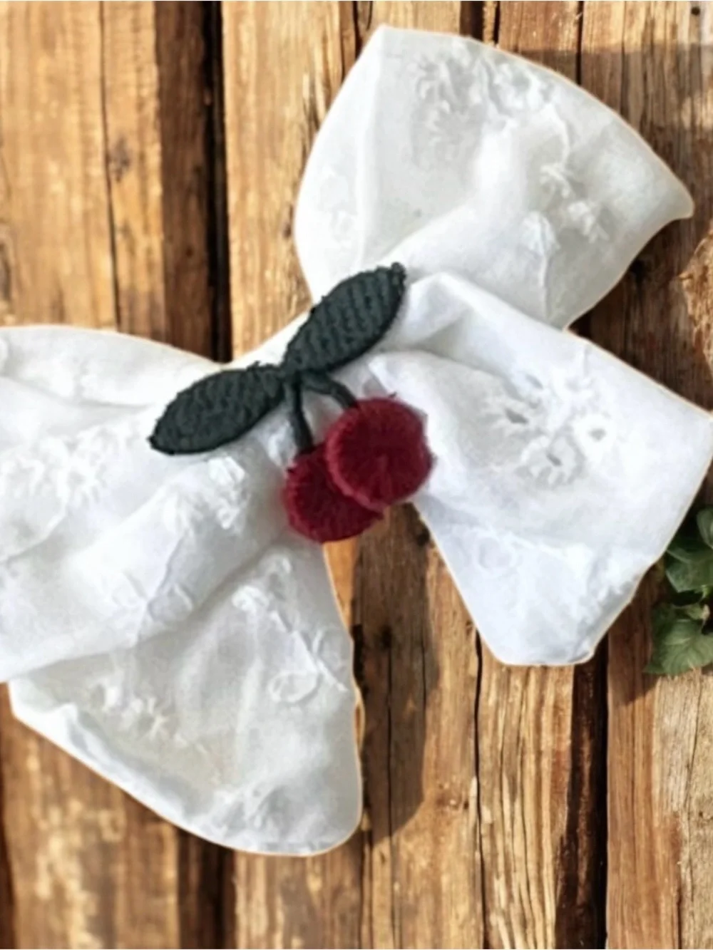 Handmade White Eyelet Cherry Hair Bows – Set of 2